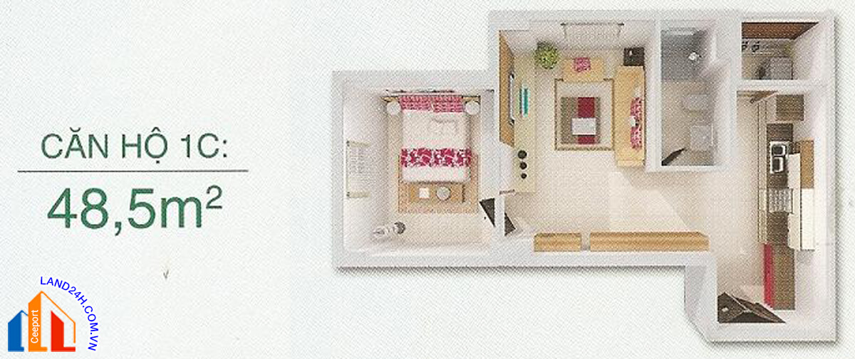 Căn 1C – Diện tích 48,5m2 – Thiết kế 1 phòng ngủ