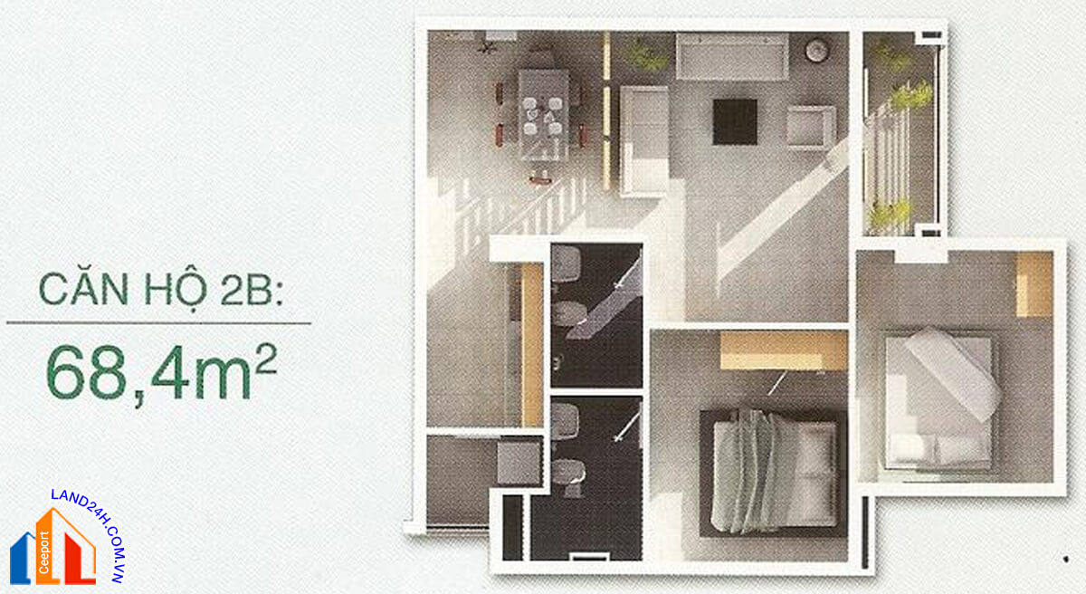 Căn 2B – Diện tích 68,4m2 – Thiết kế 2 phòng ngủ