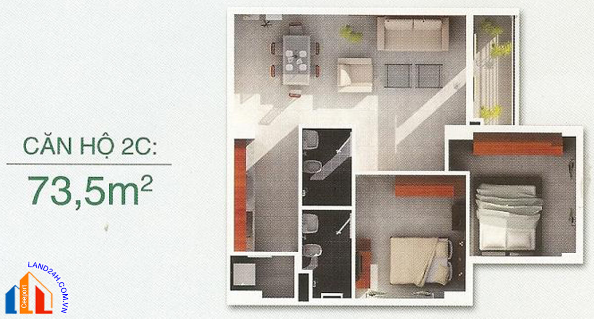 Căn 2C – Diện tích 73,5m2 – Thiết kế 2 phòng ngủ