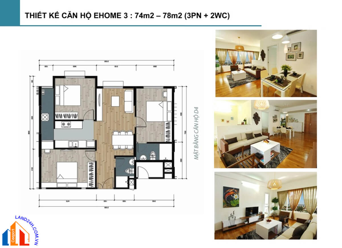Căn 74m2 – 78m2 – Thiết kế 3PN căn hộ Ehome 3
