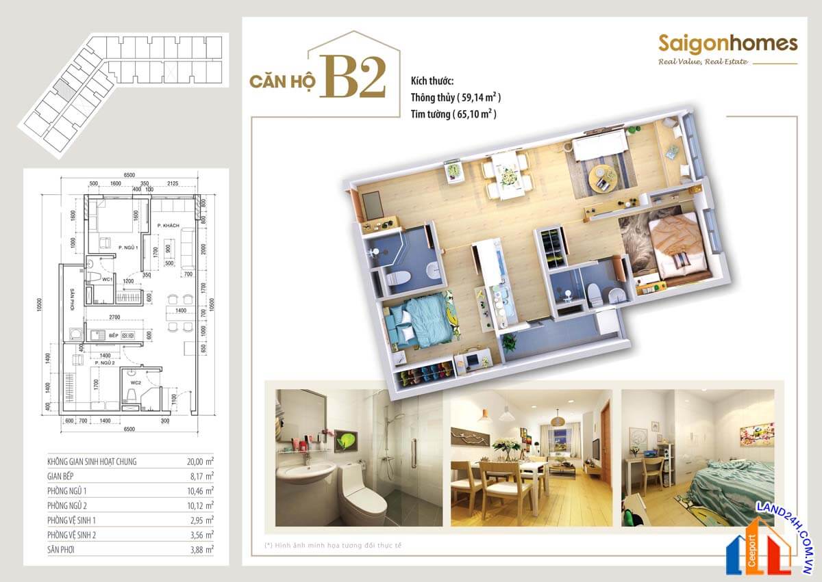 Căn B2 diện tích 65,1m2 – thiết kế 2 phòng ngủ