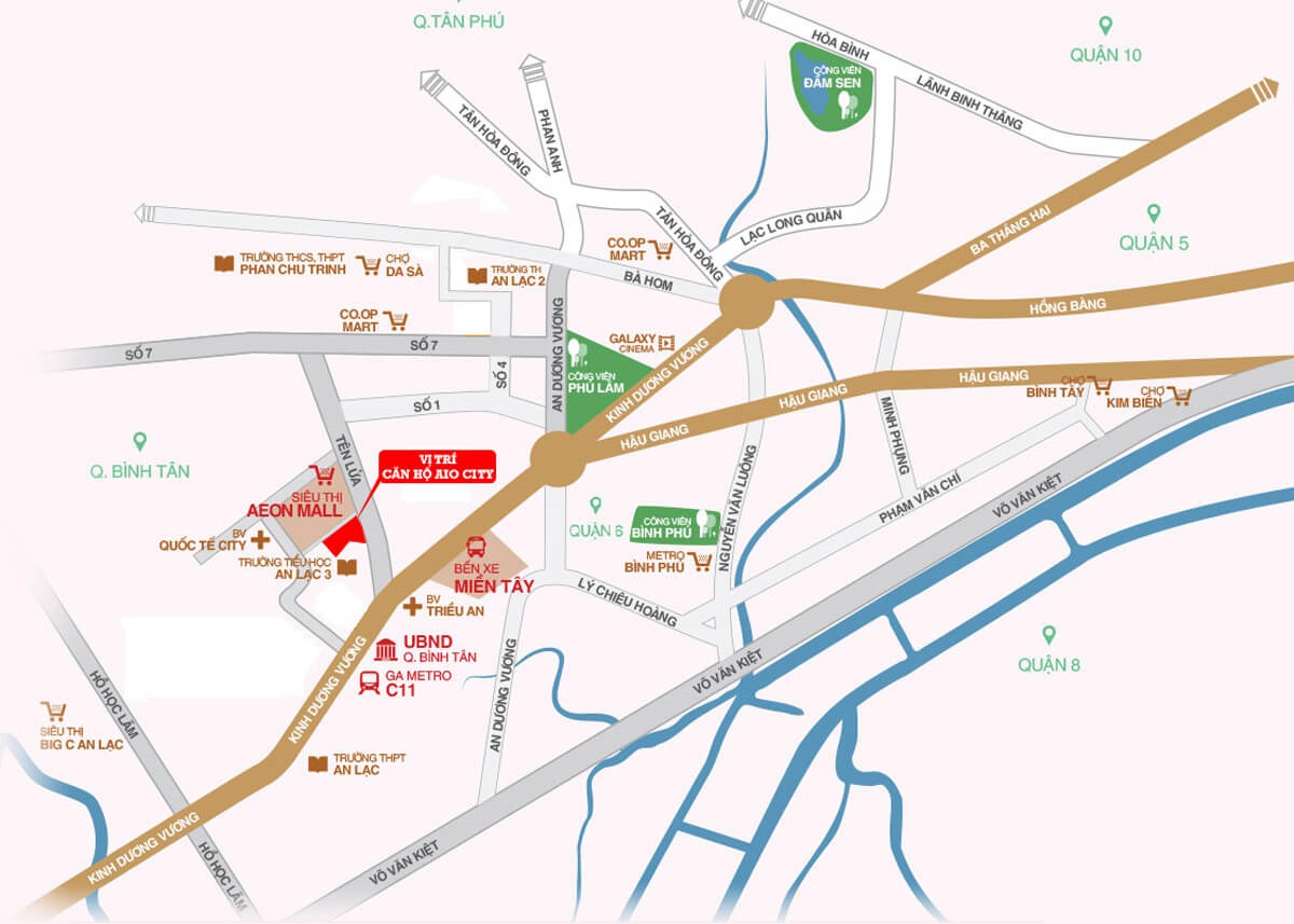 Aio City tọa lạc tại số 17 đường Tên Lửa, phường Bình Trị Đông B, quận Bình Tân (thuộc Khu y tế kỹ thuật cao Hoa Lâm Shangri-La)