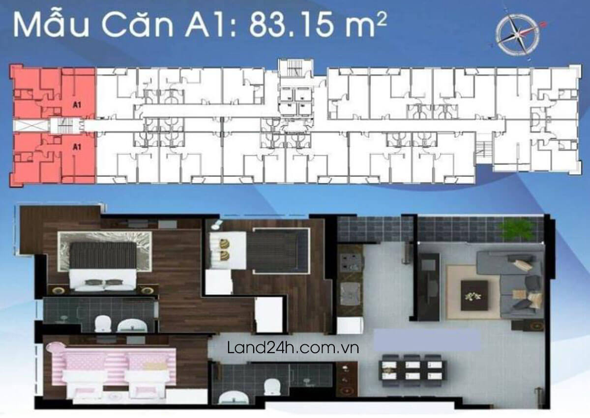 Căn A1 thiết kế 3 phòng ngủ có diện tích 83.15m2 Carillon 2