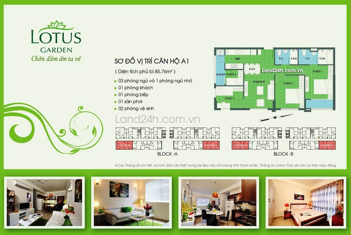 Căn A1 thiết kế 3PN & 2WC diện tích 85.76m2 Lotus Garden