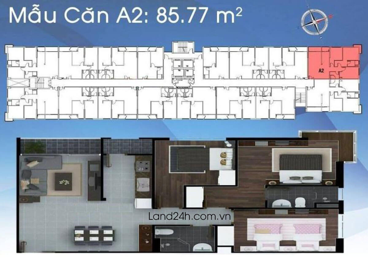 Căn A2 thiết kế 3 phòng ngủ có diện tích 85.77m2 Carillon 2