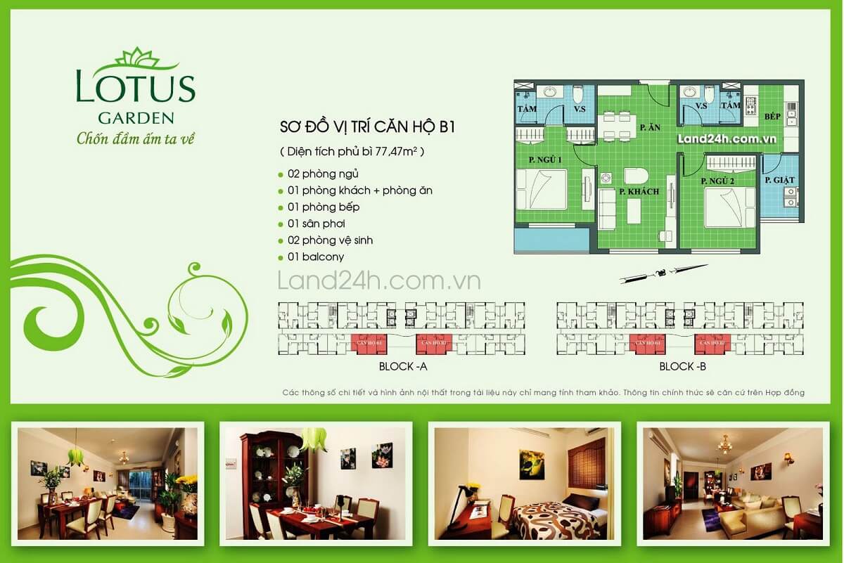 Căn B1 thiết kế 2PN & 2WC diện tích 77.47m2 Lotus Garden