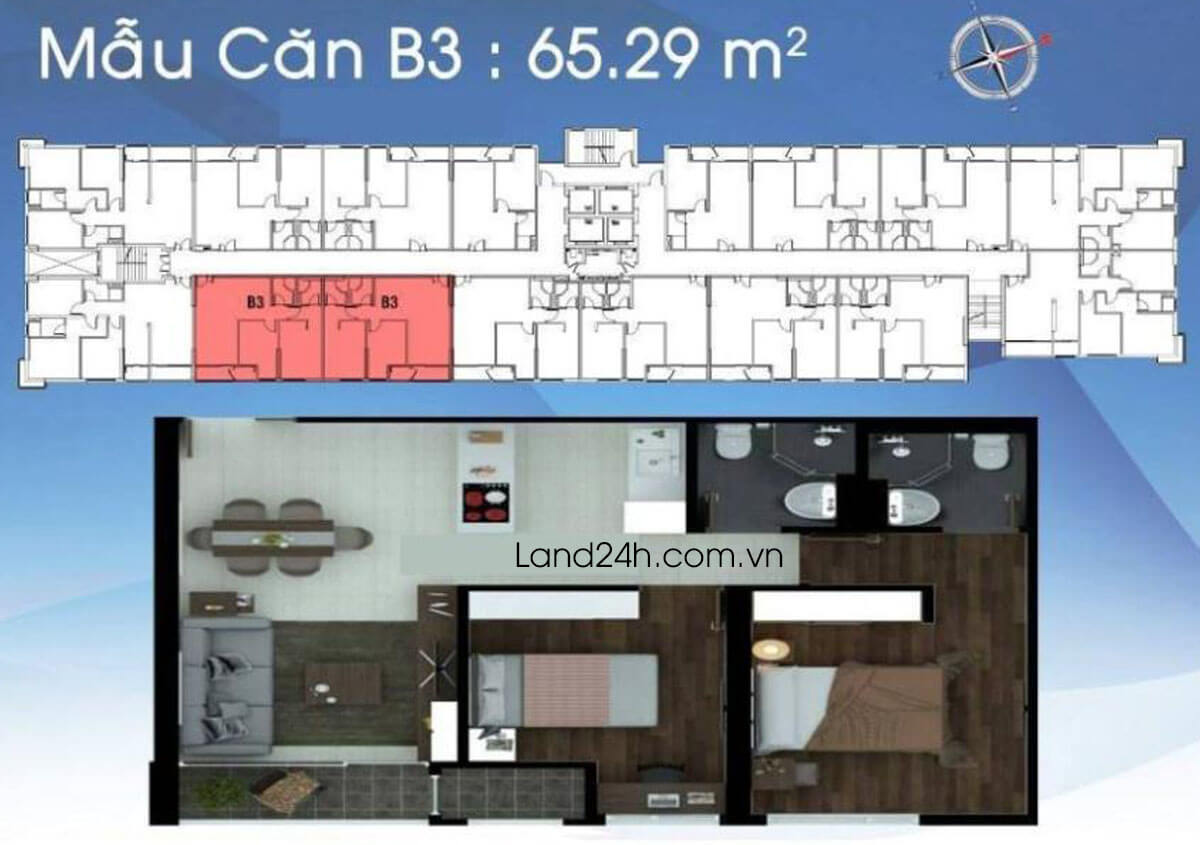Căn B3 thiết kế 2 phòng ngủ có diện tích 65.29m2 Carillon 2