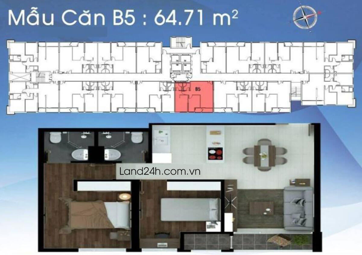 Căn B5 thiết kế 2 phòng ngủ có diện tích 64.71m2 Carillon 2