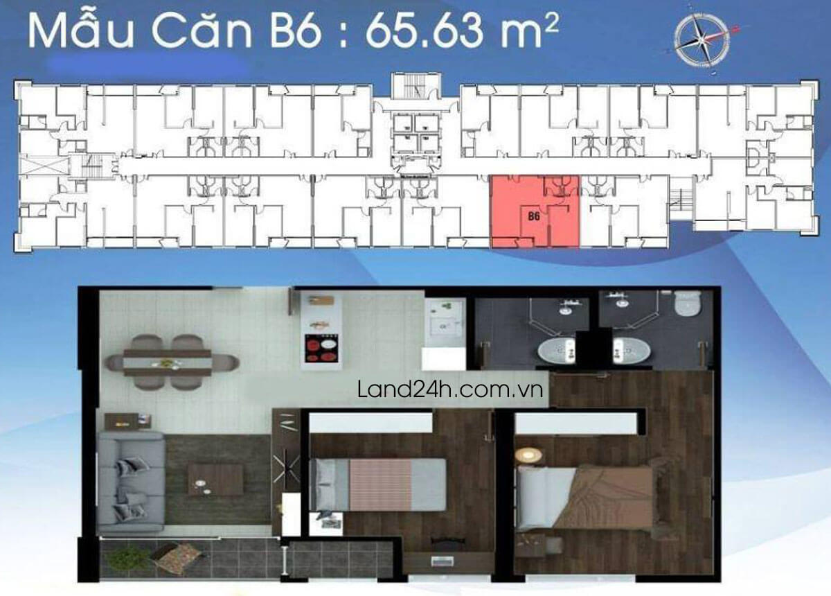 Căn B6 thiết kế 2 phòng ngủ có diện tích 65.63m2 Carillon 2