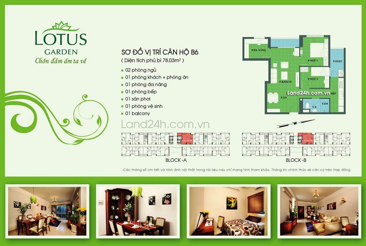 Căn B6 thiết kế 2PN & 2WC diện tích 78.03m2 Lotus Garden