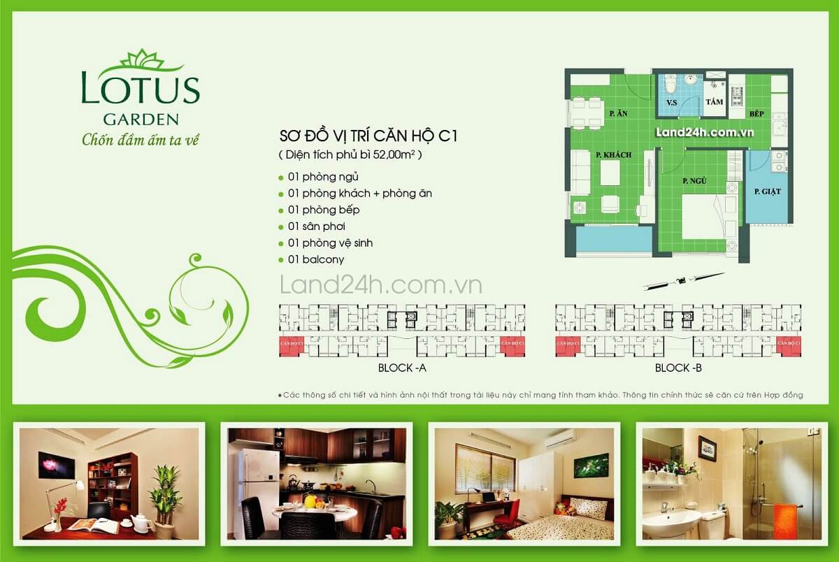 Căn C1 thiết kế 1PN & 1WC diện tích 52m2 Lotus Garden