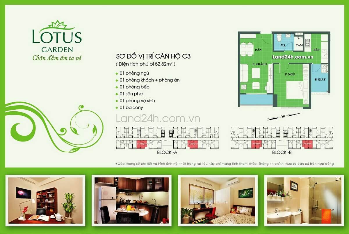 Căn C3 thiết kế 1PN & 1WC diện tích 52.52m2 Lotus Garden