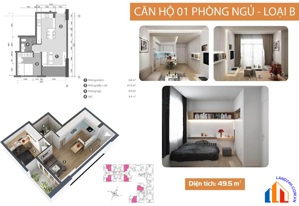 Căn B thiết kế 1 phòng ngủ – diện tích 49m2