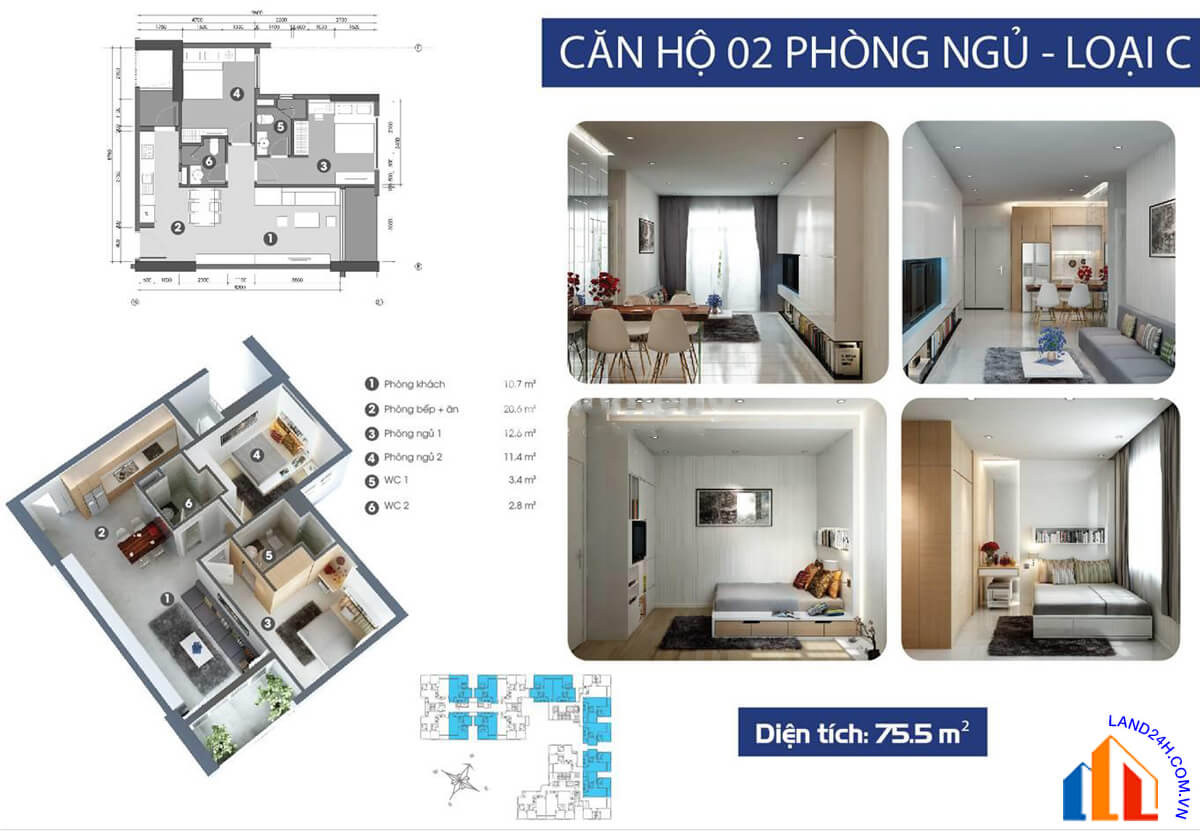 Căn C thiết kế 2 phòng ngủ – diện tích 75,5m2