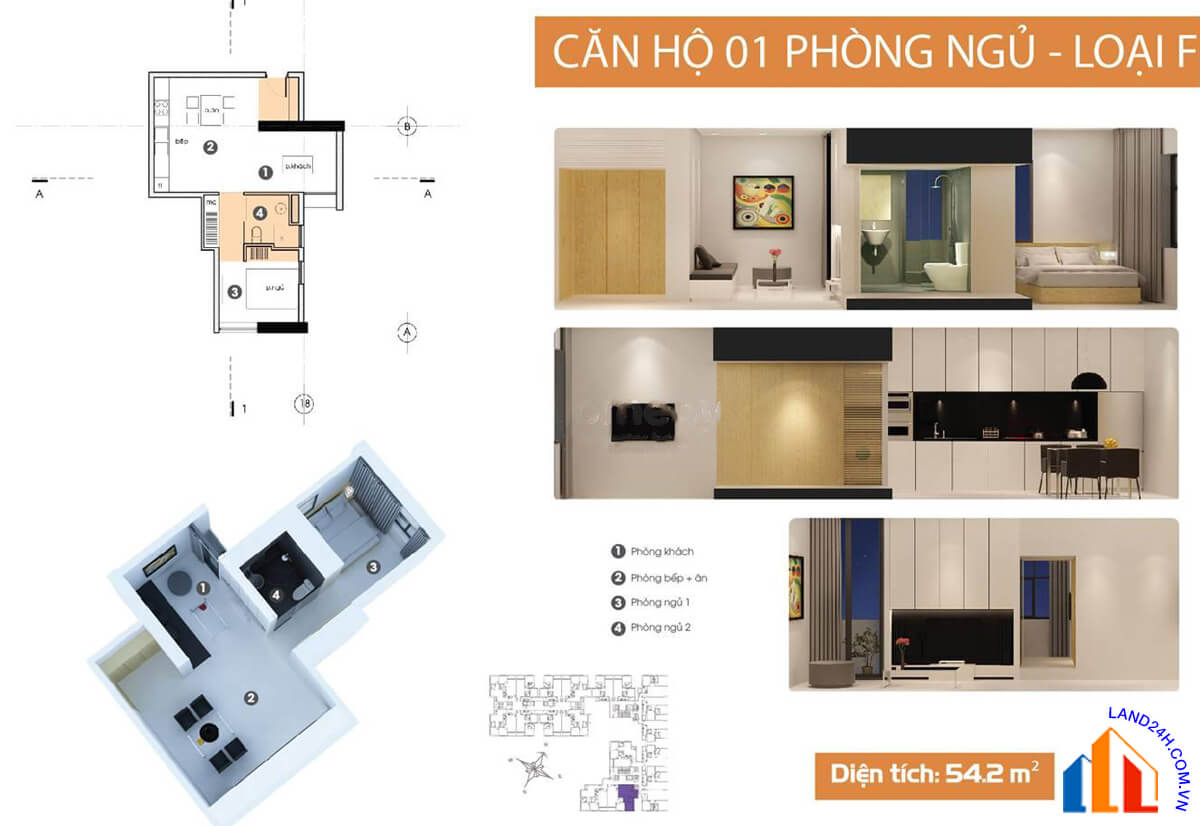 Căn F thiết kế 1 phòng ngủ – diện tích 54,2m2