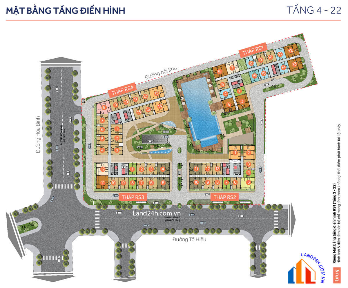 Mặt bằng khu 1 quy mô 1,62 ha gồm 4 block căn hộ 25 tầng