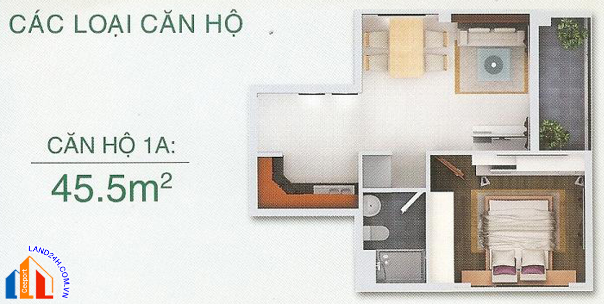 Căn 1A – Diện tích 45,5m2 – Thiết kế 1 phòng ngủ