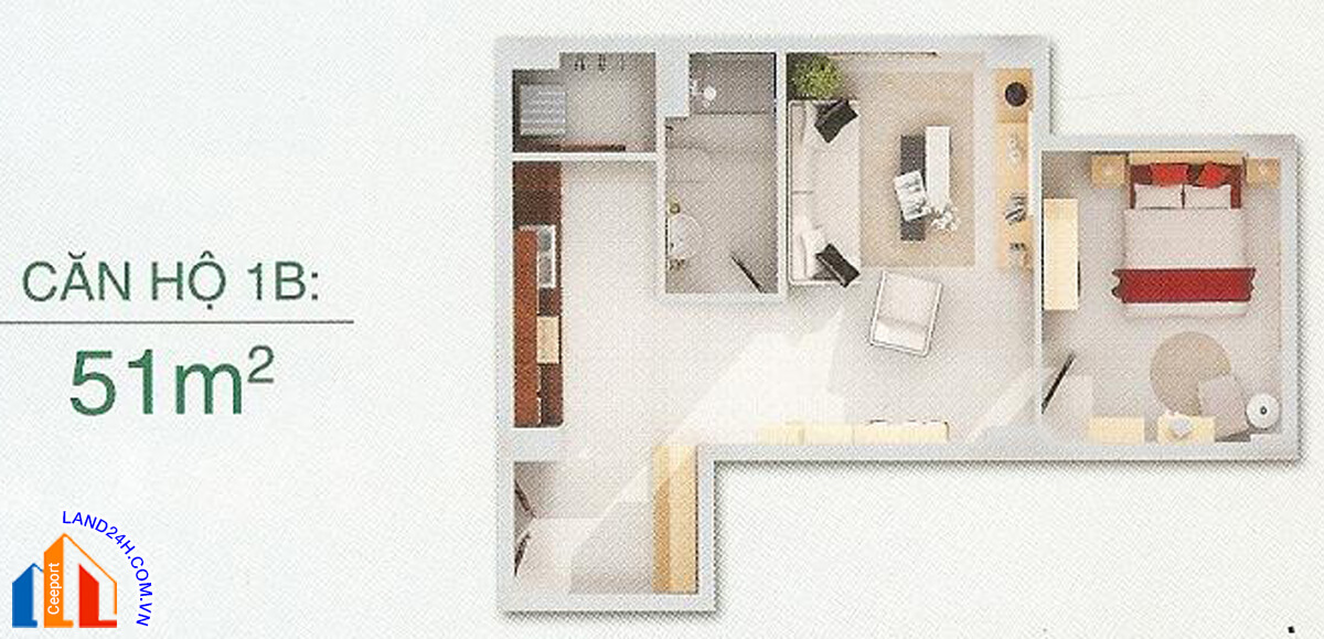 Căn 1B – Diện tích 51m2 – Thiết kế 1 phòng ngủ