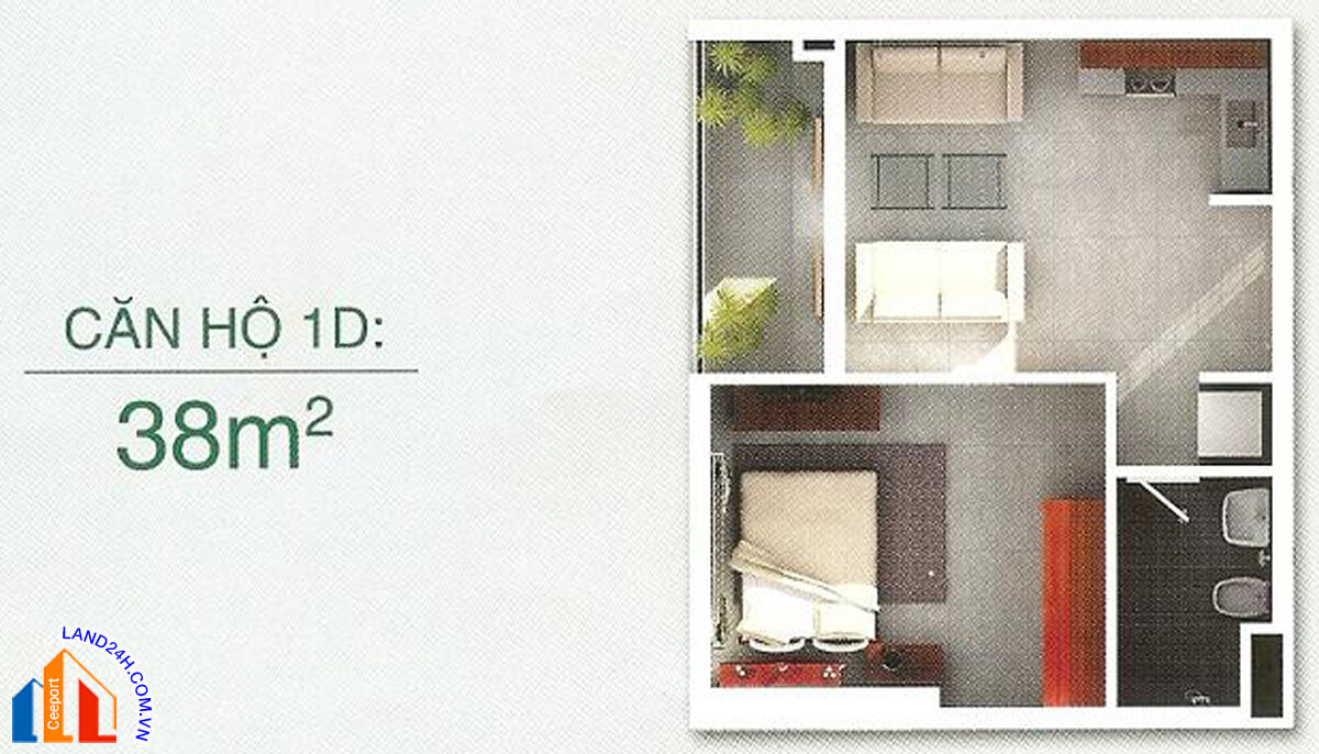 Căn 1D – Diện tích 38m2 – Thiết kế 1 phòng ngủ