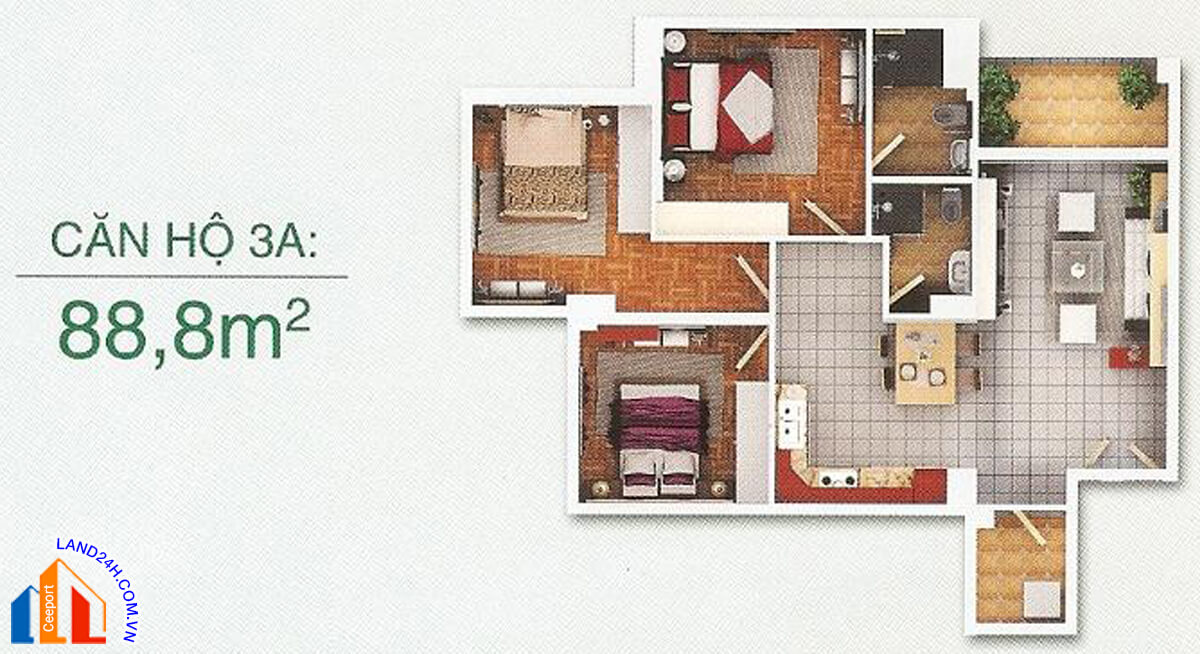 Căn 3A – Diện tích 88,8m2 – Thiết kế 3 phòng ngủ