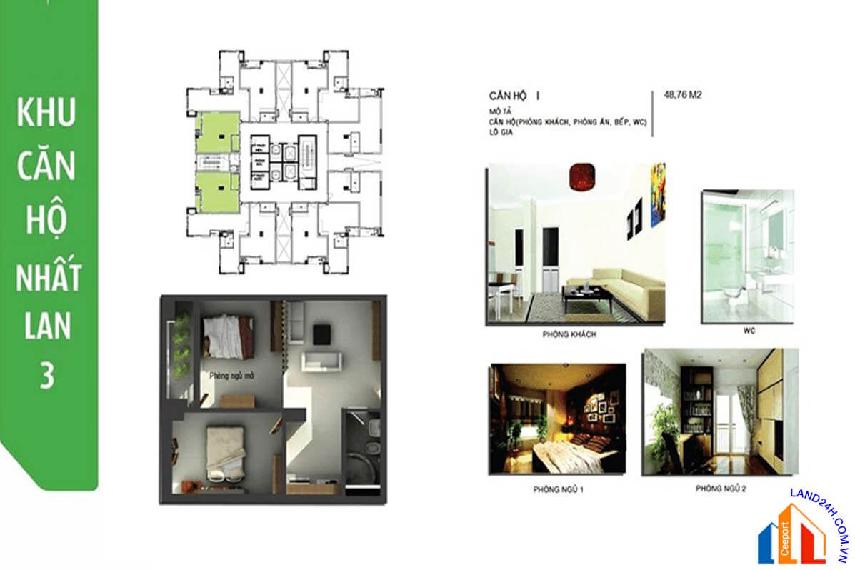 Thiết kế chi tiết căn I – Diện tích 48,76m2 – Thiết kế 1+1 phòng ngủ