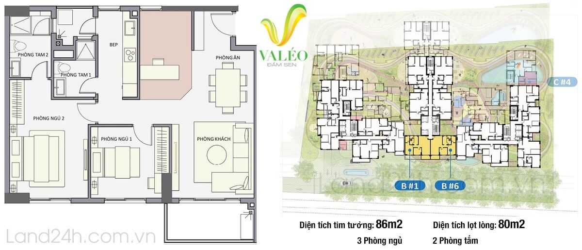 Thiết kế căn hộ 3 phòng ngủ & 2 WC diện tích 86m2