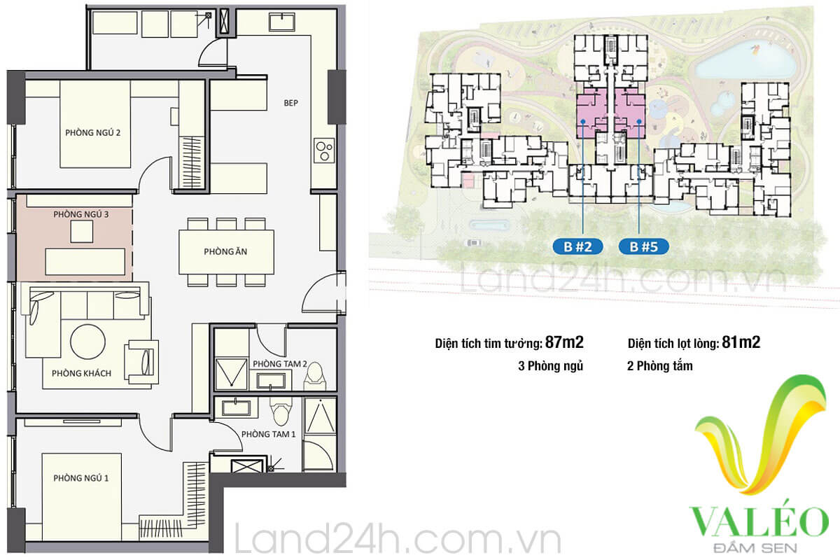 Thiết kế căn hộ 3 phòng ngủ & 2 WC diện tích 87m2