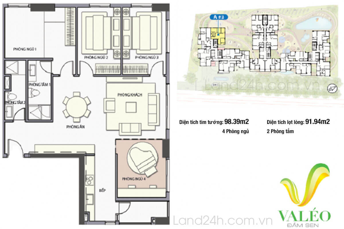 Thiết kế căn hộ 4 phòng ngủ & 2 WC diện tích 98m2