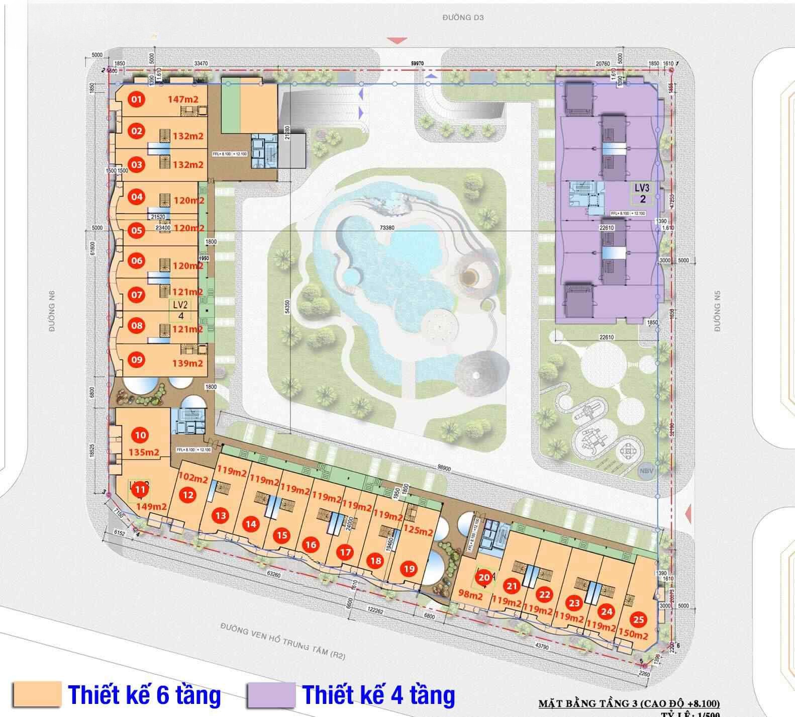 Sơ đồ mặt bằng chi tiết 33 căn nhà phố Shophouse Lakeview 1 Thủ Thiêm tại lô 3.1