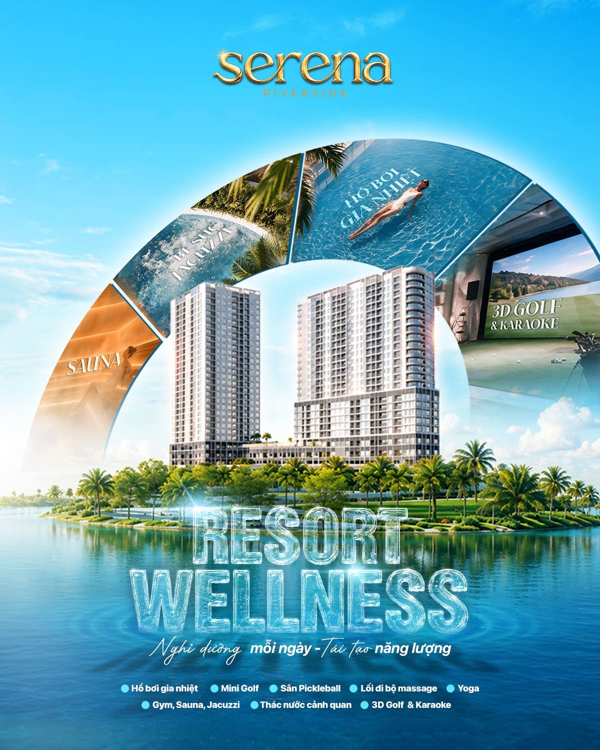 Hệ thống hồ bơi resort và tiện ích cảnh quan tại Serena Riverside