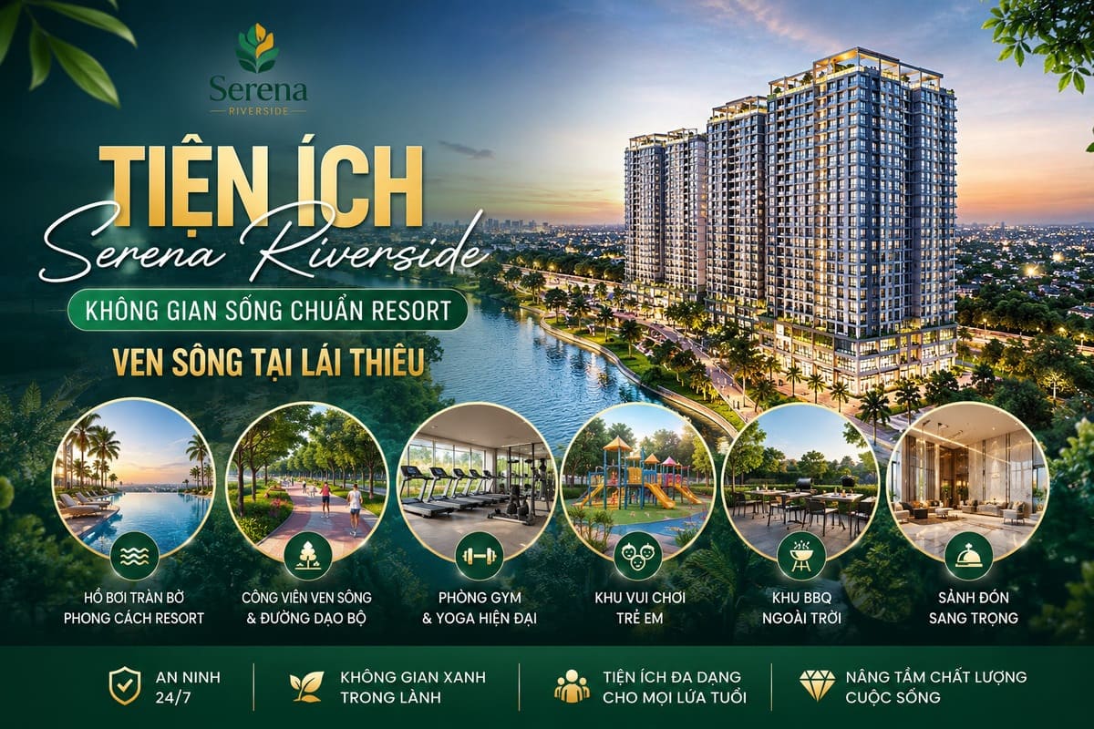 Hệ thống hồ bơi resort và tiện ích cảnh quan tại Serena Riverside