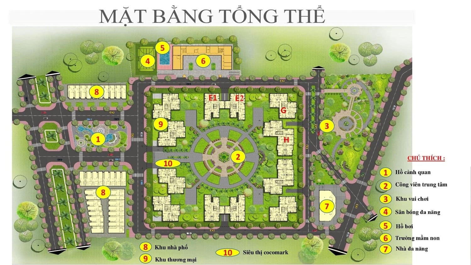 Sơ đồ phân bổ 75% diện tích mảng xanh và công viên trung tâm tại tổ hợp căn hộ Vision Bình Tân