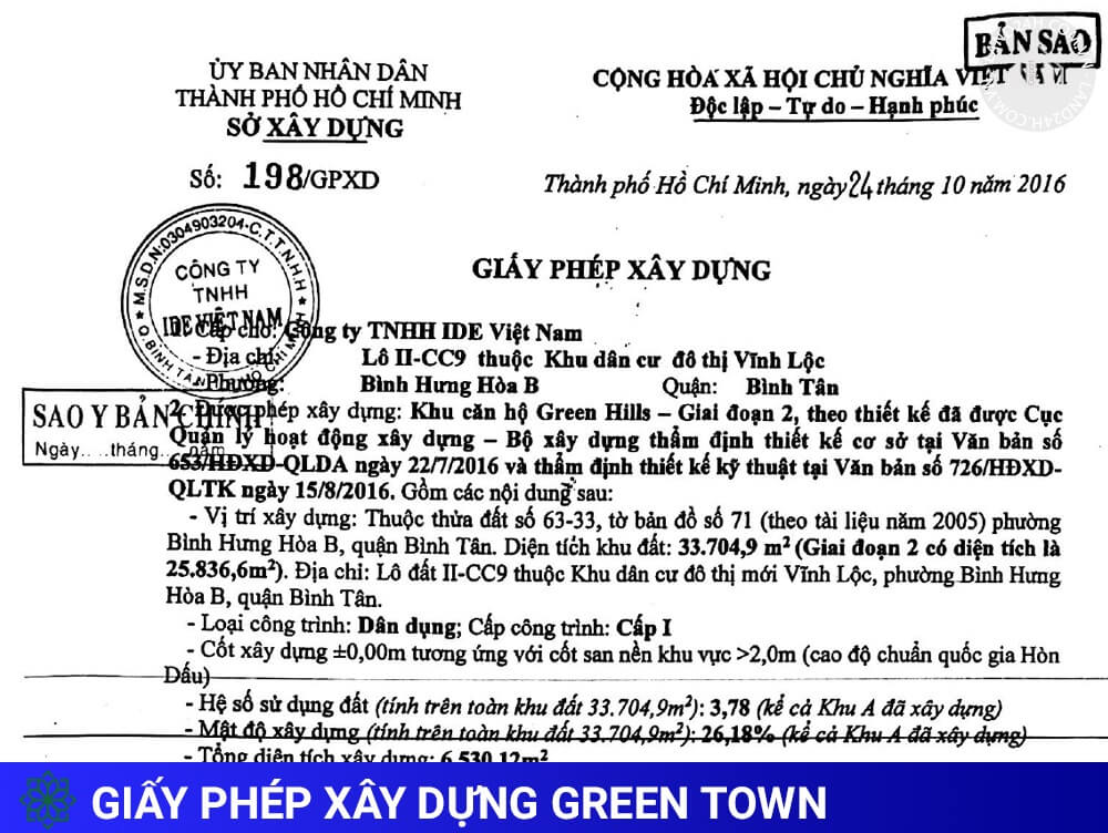 Giấy phép xây dựng dự án Green Town Bình Tân
