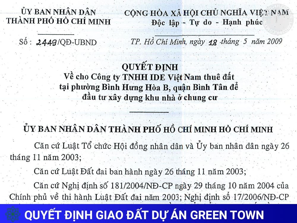 Quyết định giao đất Green Town Bình Tân