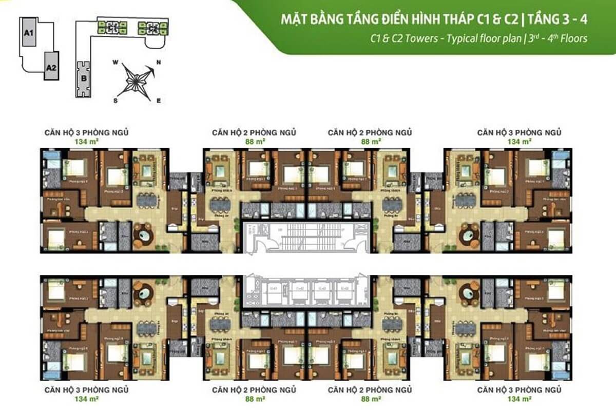 Mặt bằng tháp C1-C2 tầng 3-4 Tropic Garden