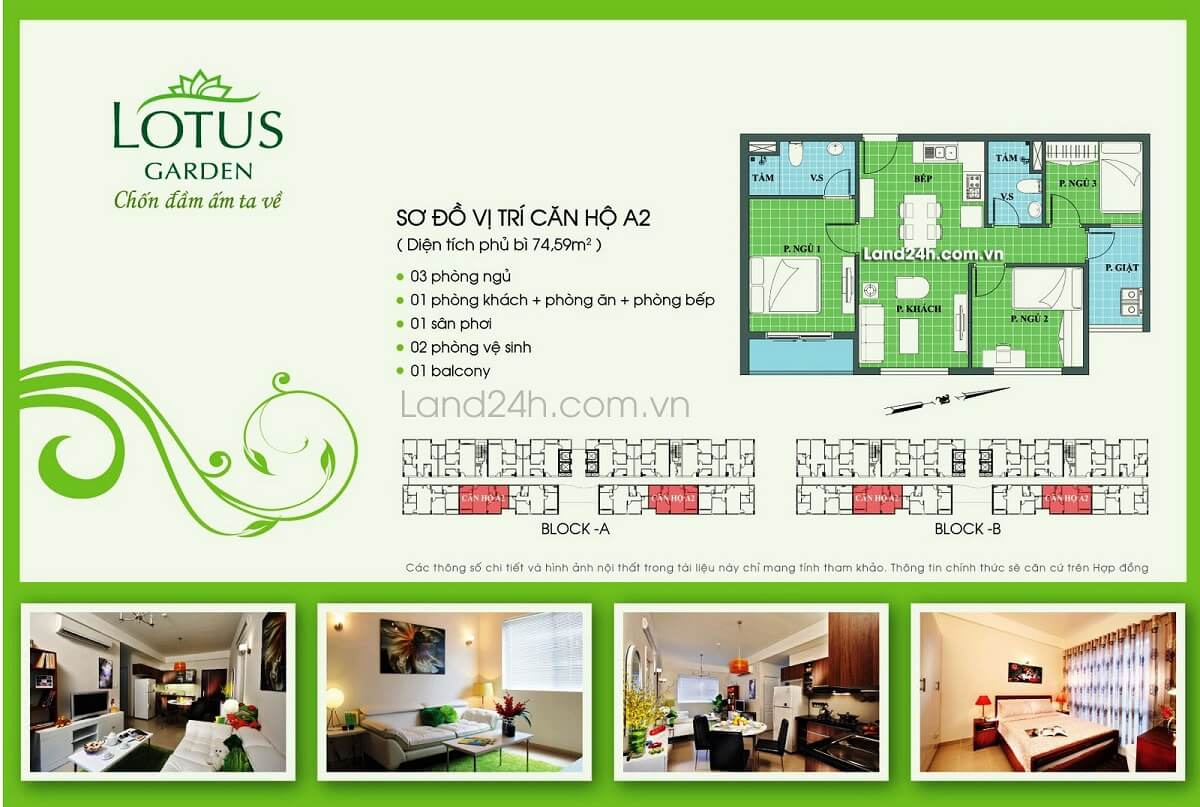 Căn A2 thiết kế 3PN & 2WC diện tích 74.59m2 Lotus Garden