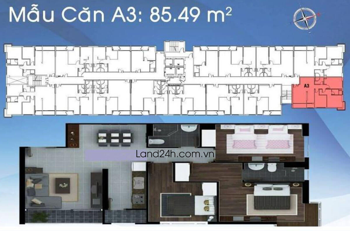 Căn A3 thiết kế 3 phòng ngủ có diện tích 85.49m2