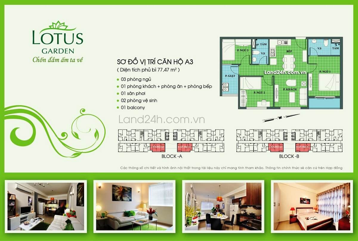 Căn A3 thiết kế 3PN & 2WC diện tích 77.47m2 Lotus Garden