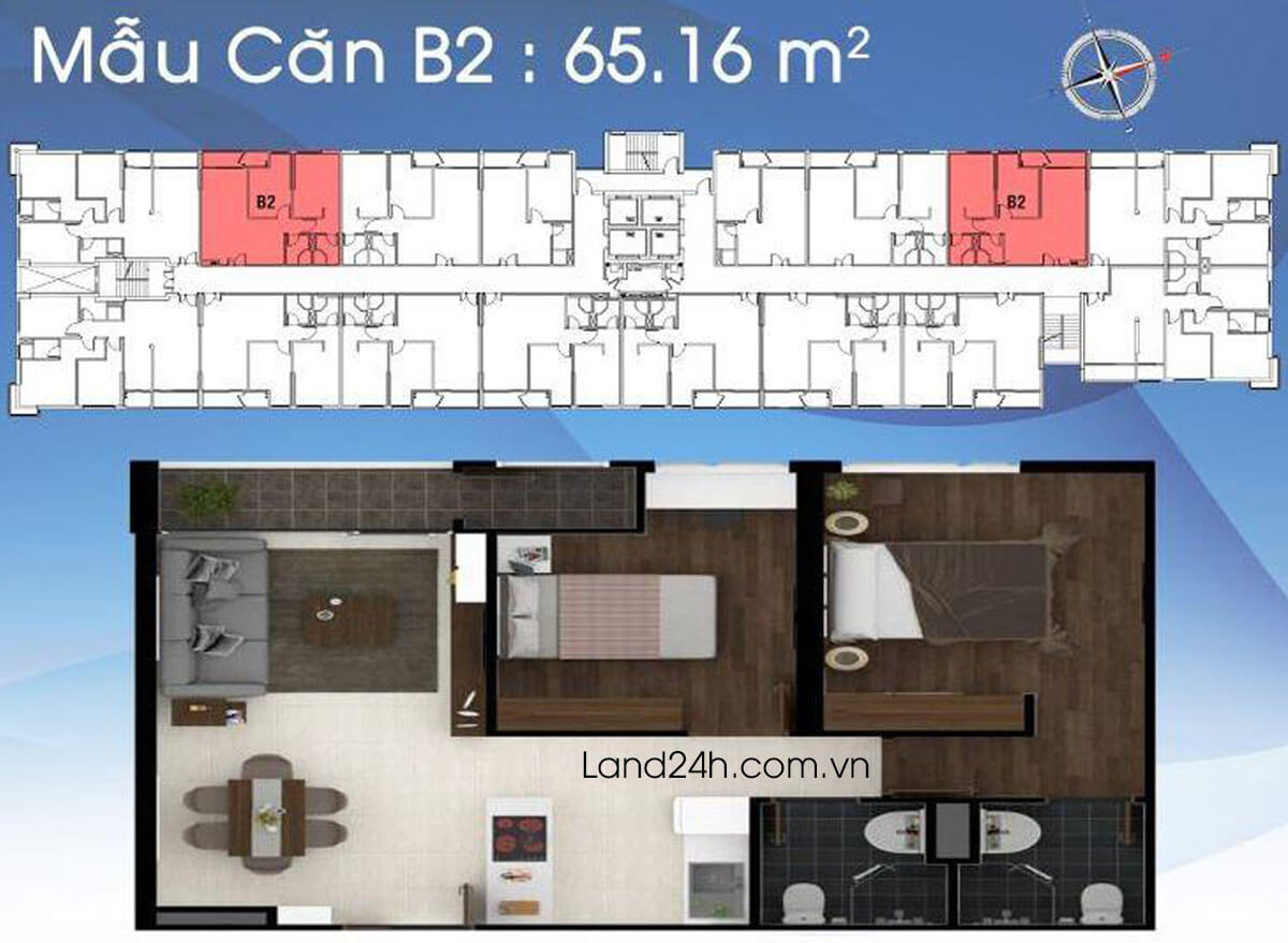 Căn B2 thiết kế 2 phòng ngủ có diện tích 65.16m2 Carillon 2