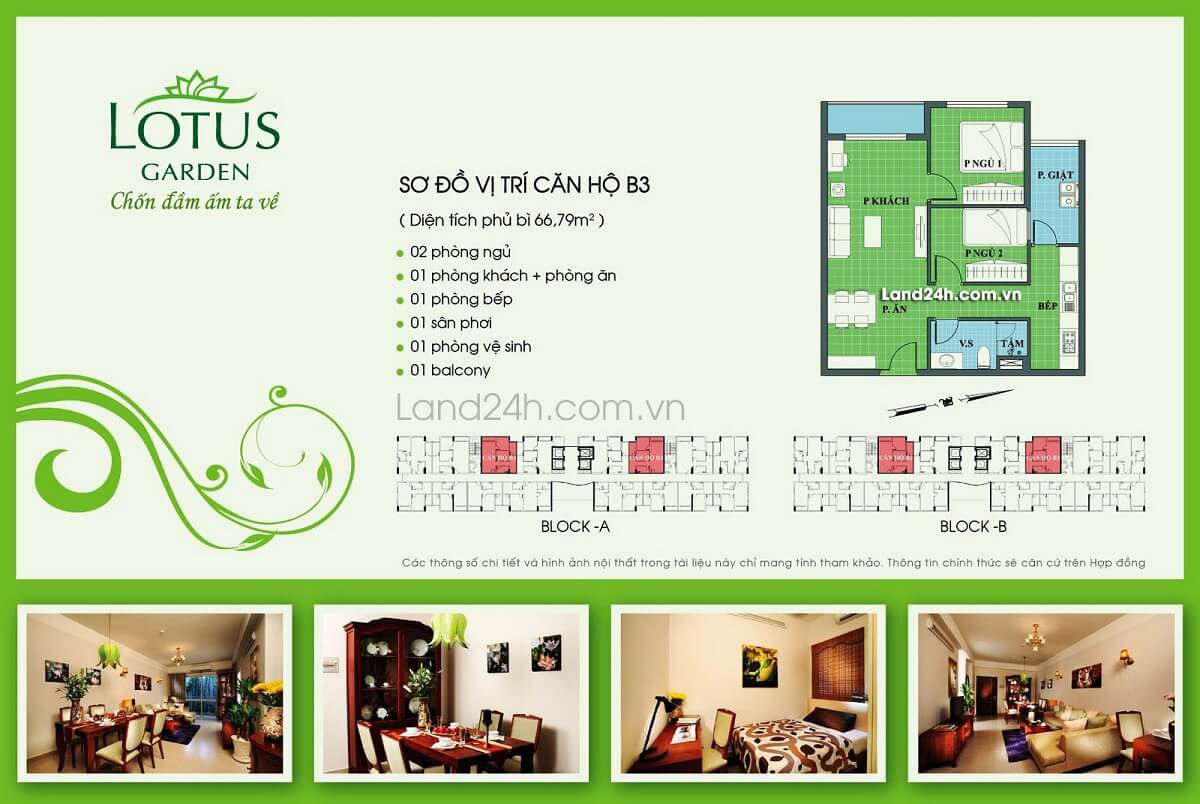 Căn B3 thiết kế 2PN & 2WC diện tích 66m2 Lotus Garden