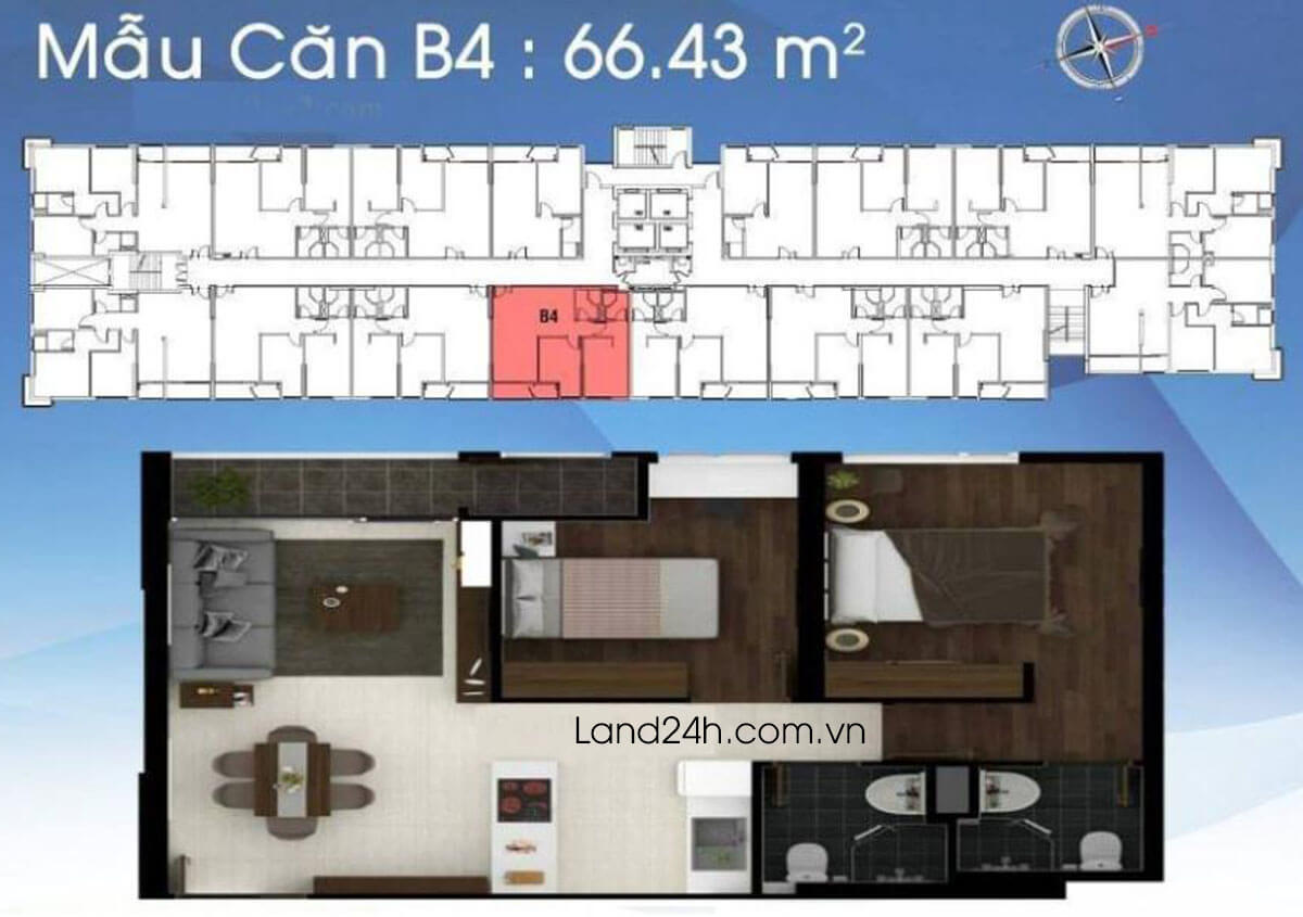 Căn B4 thiết kế 2 phòng ngủ có diện tích 66.43m2 Carillon 2