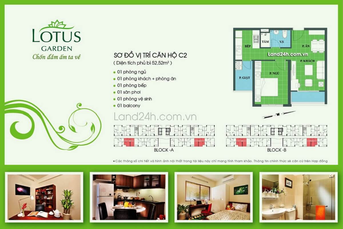 Căn C2 thiết kế 1PN & 1WC diện tích 52.52m2 Lotus Garden