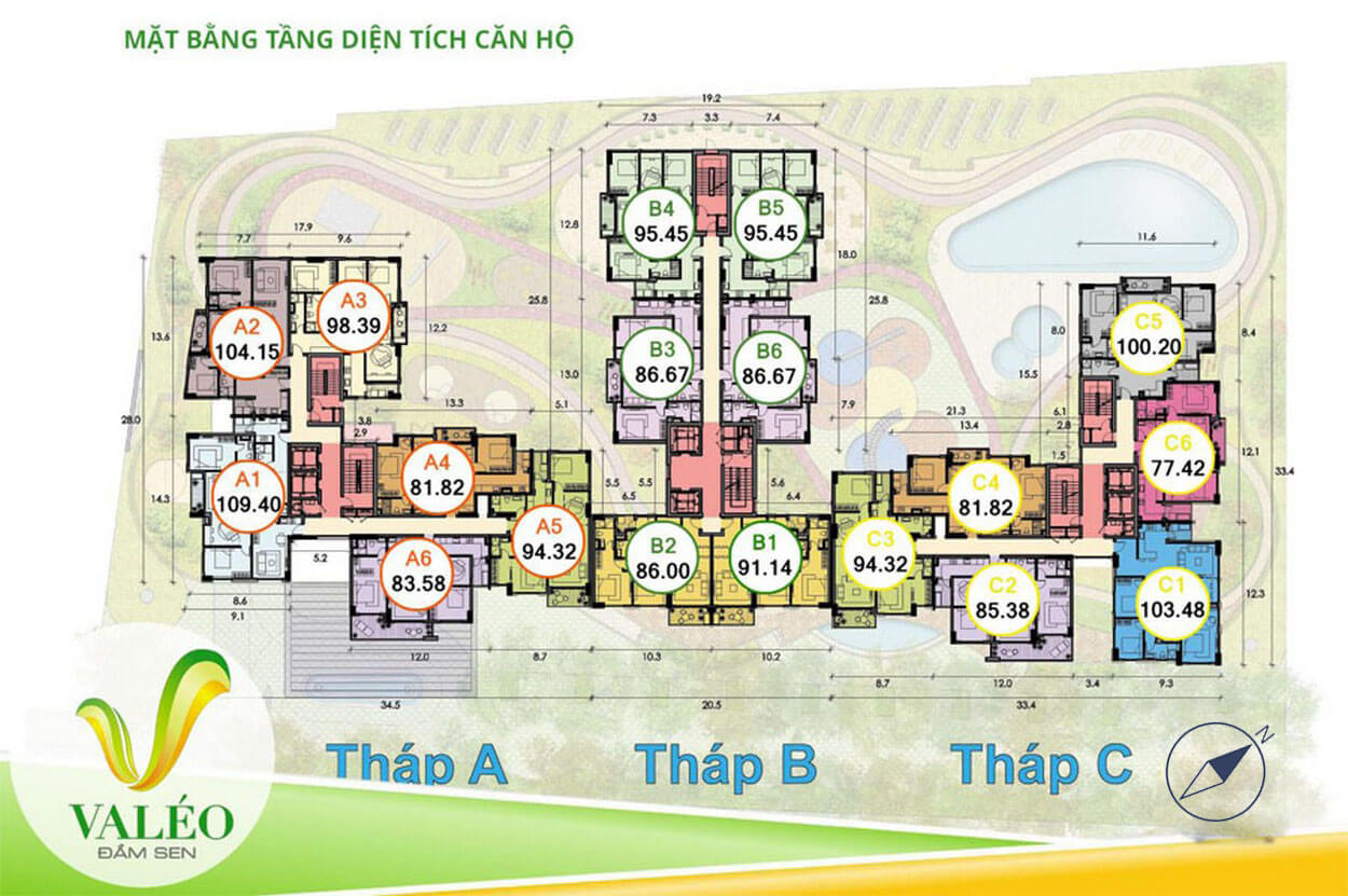 Các căn hộ diện tích từ 80m2 – 109m2, thiết kế 3-4 phòng ngủ