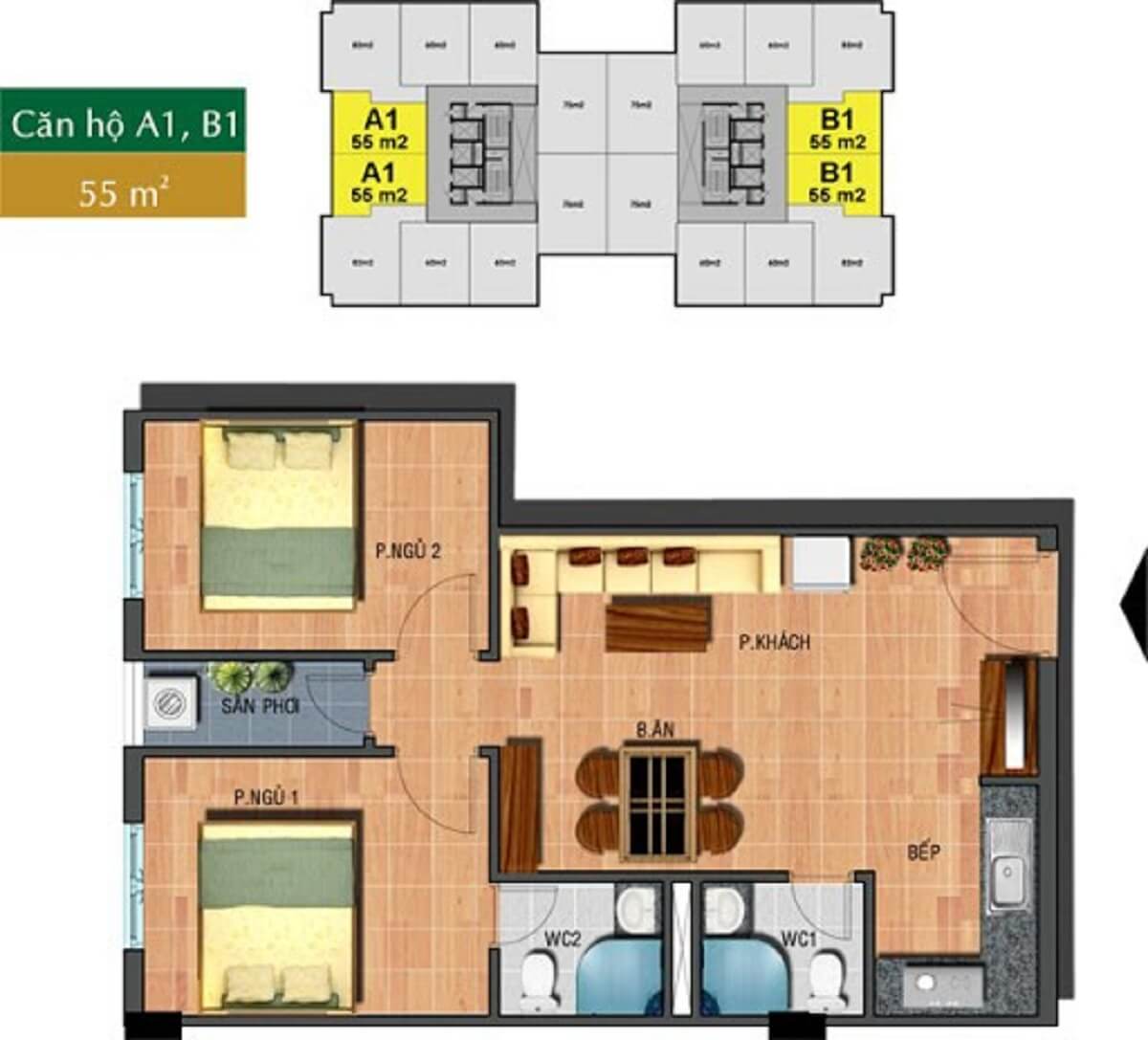 Thiết kế căn 55m2 – 2 PN & 2 WC Saigon Town