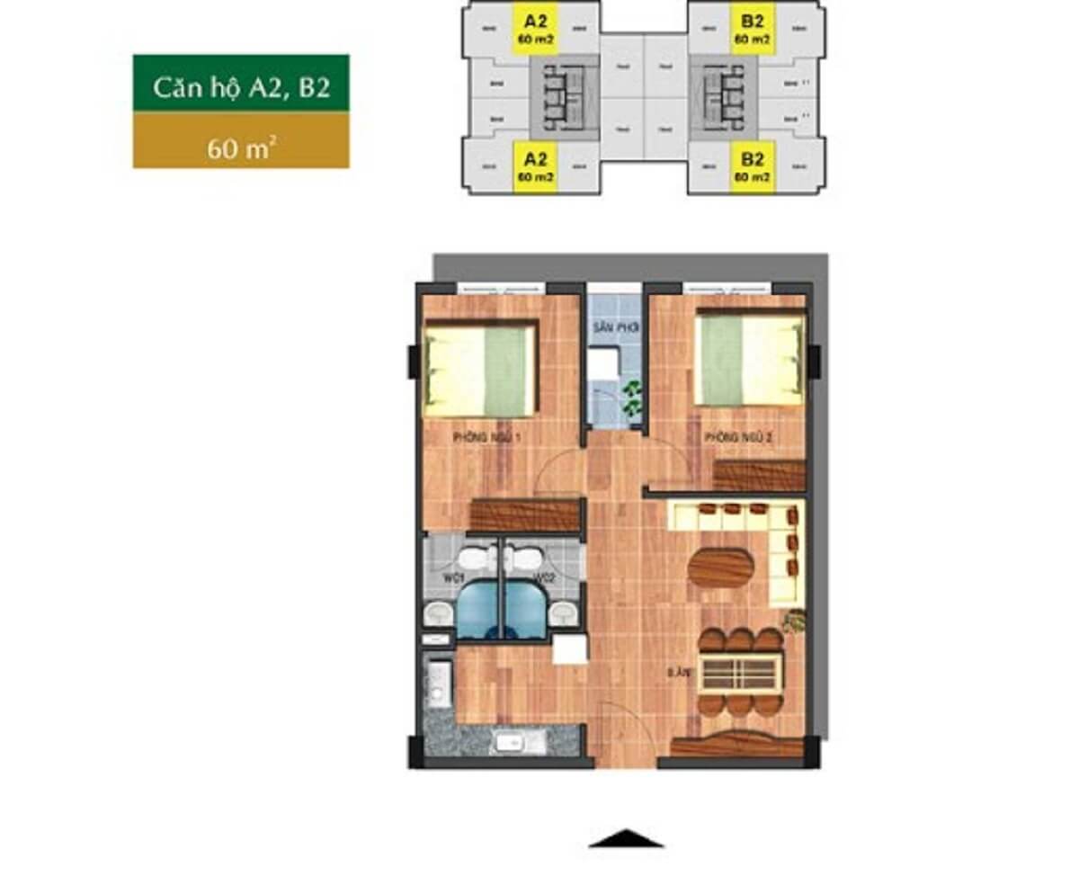 Thiết kế căn 60m2 – 2 PN & 2 WC Saigon Town