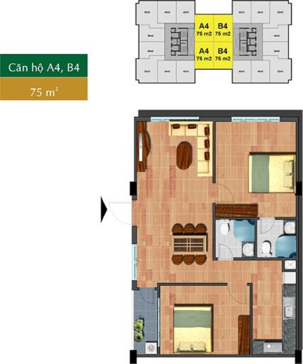 Thiết kế căn 75m2 – 2 PN & 2 WC Saigon Town