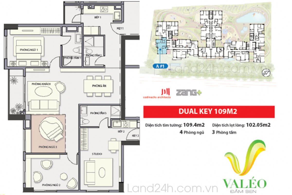 Căn hộ Dual Key có diện tích 109m2