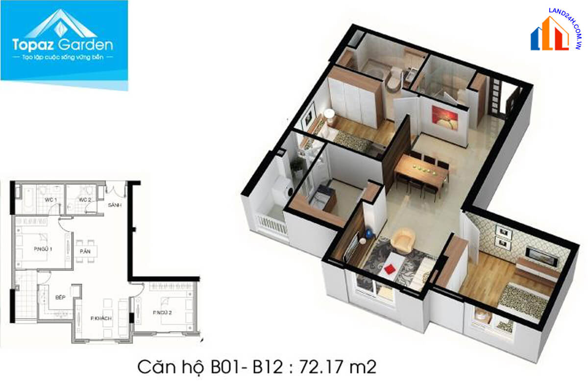 Căn B1-B12 diện tích 72,1m2 thiết kế 2 phòng ngủ