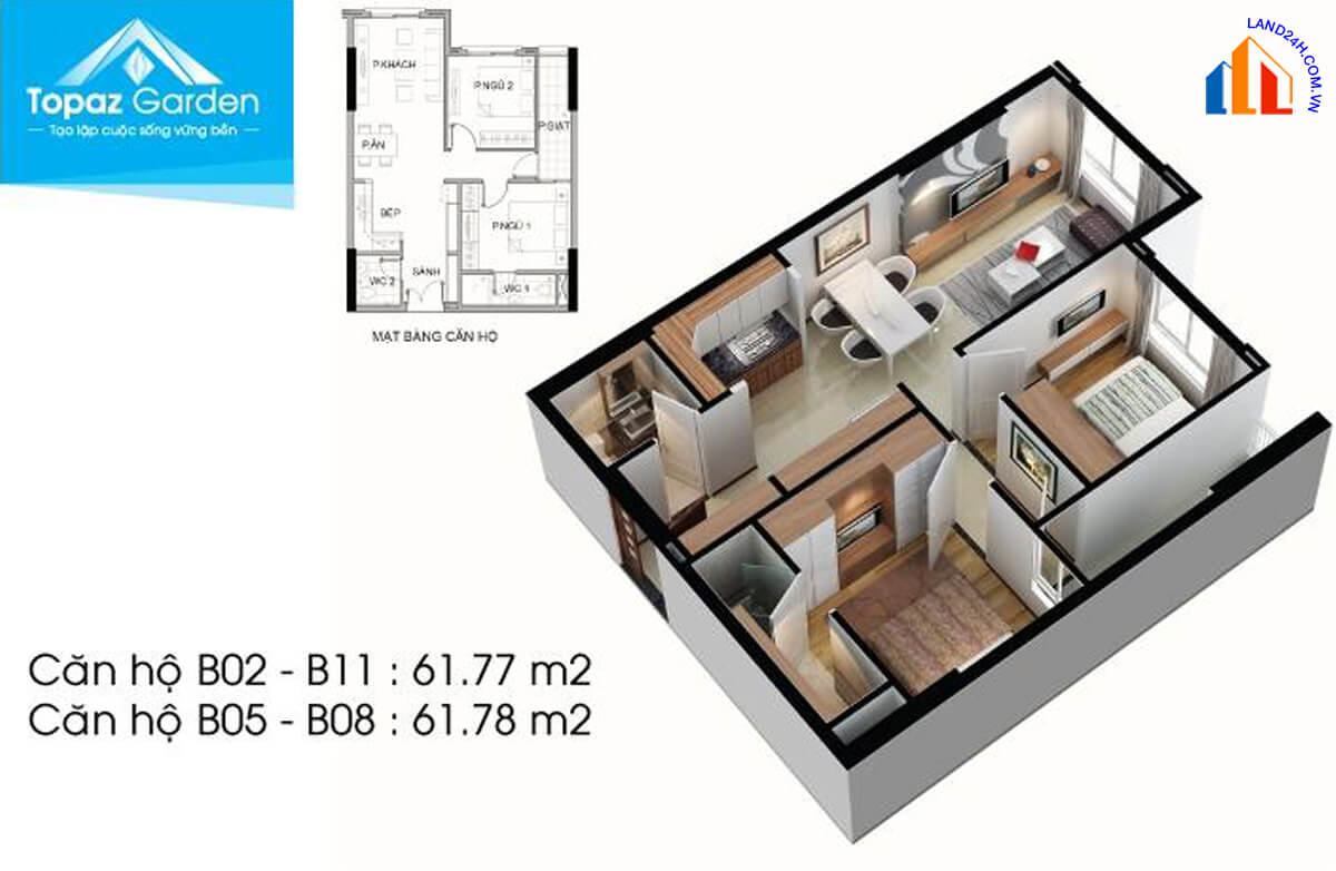 Căn B2-B11-B5-B8 diện tích 61,7m2 thiết kế 2 phòng ngủ