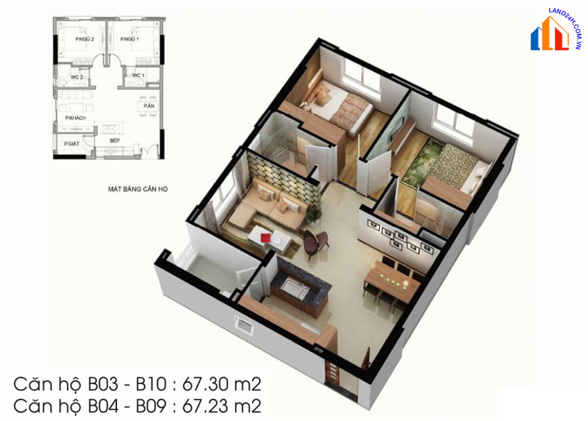 Căn B3-B4-B9-B10 diện tích 67,3m2 thiết kế 2 phòng ngủ